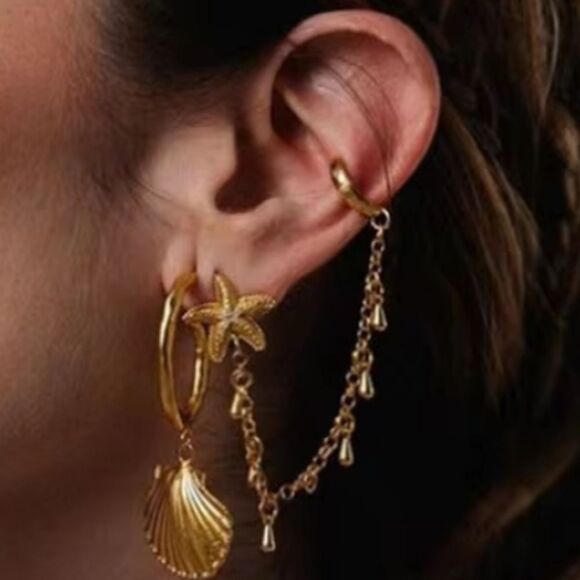 New Gold Ss Starfish and Shell Chain Dangle Ear Cuff 1 Pc Earrings - Picture 1 of 5